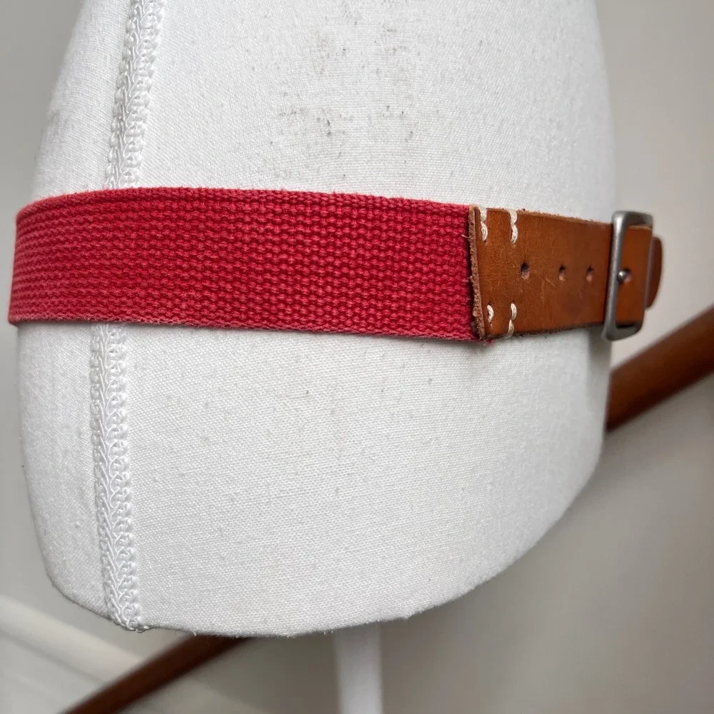 Vintage Red Canvas Brown‎ Leather Belt Silver Buckle Preppy Statement